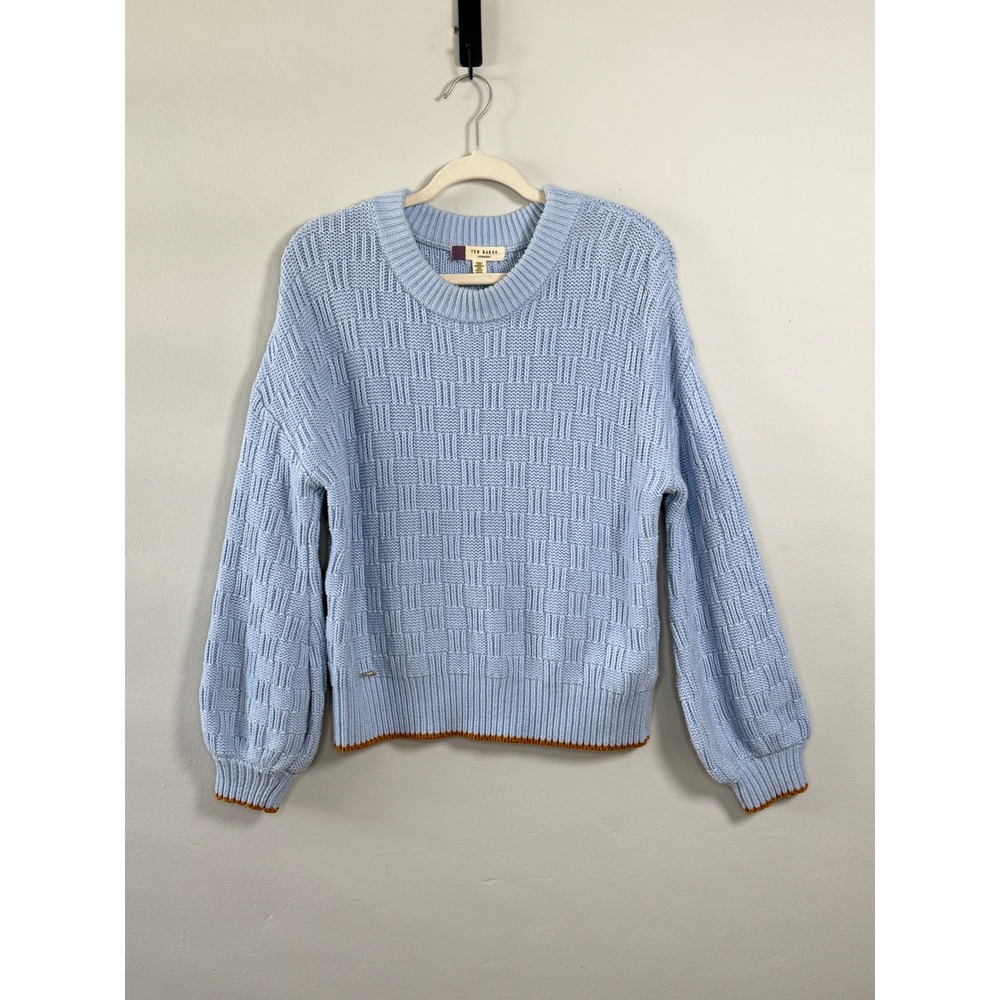 Ted Baker Luisa Sweater 3 Blue Wool Blend Basketweave Knit Bishop Sleeve